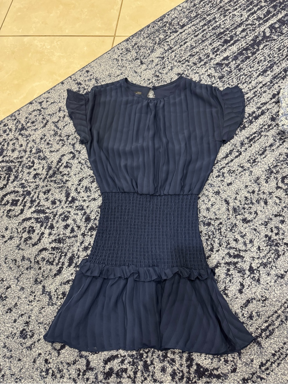 Aqua Navy Ruffled Smocked-Waist Mini Dress